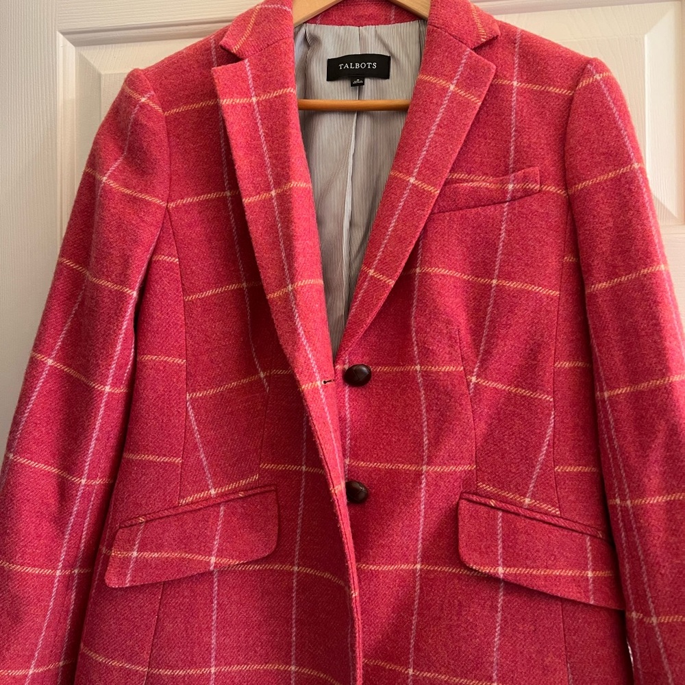 Talbots. Pink with subtle white and yellow plaid wool blazer